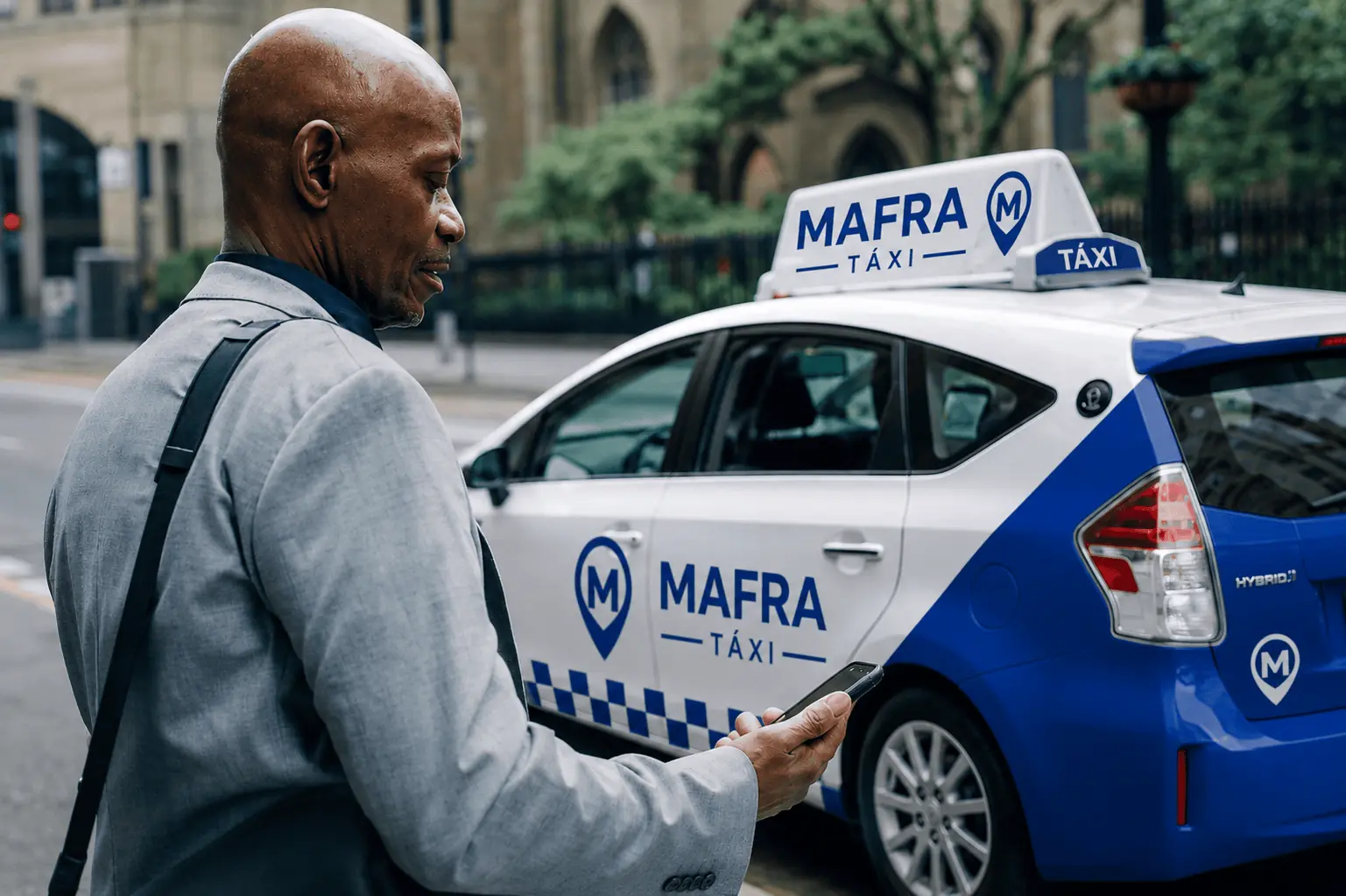Cliente a ser recebido junto a um táxi da Mafra Táxi na rua