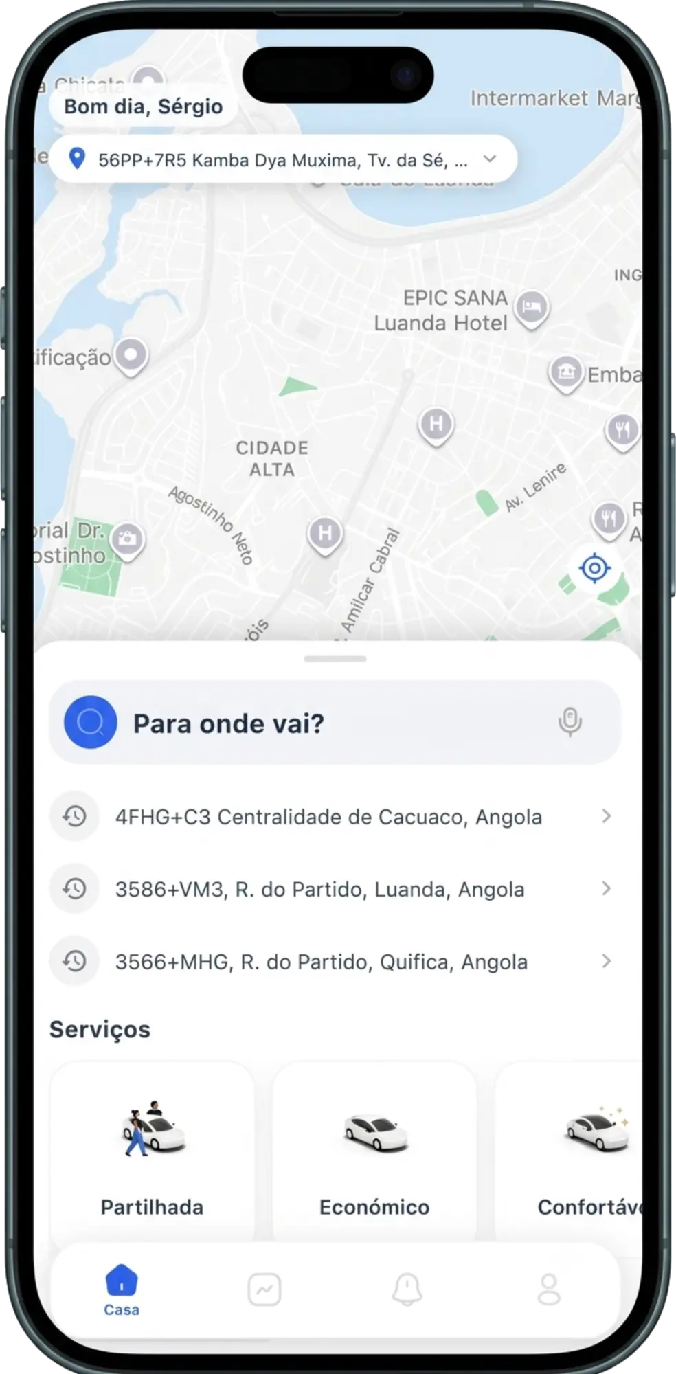 Ecrã inicial da aplicação com o mapa e o campo «Para onde vai?»
