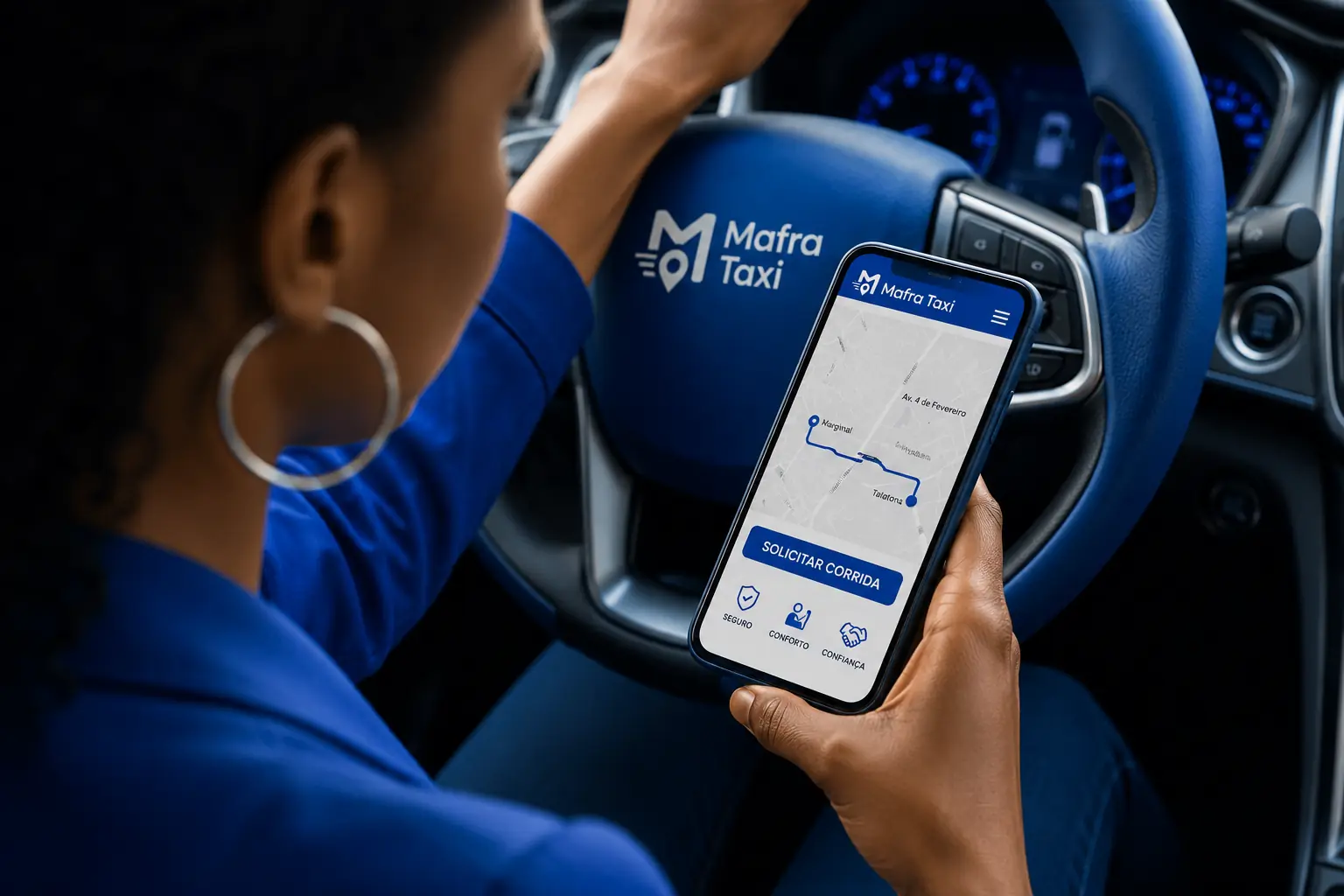 Motorista da Mafra Táxi a consultar o percurso na aplicação